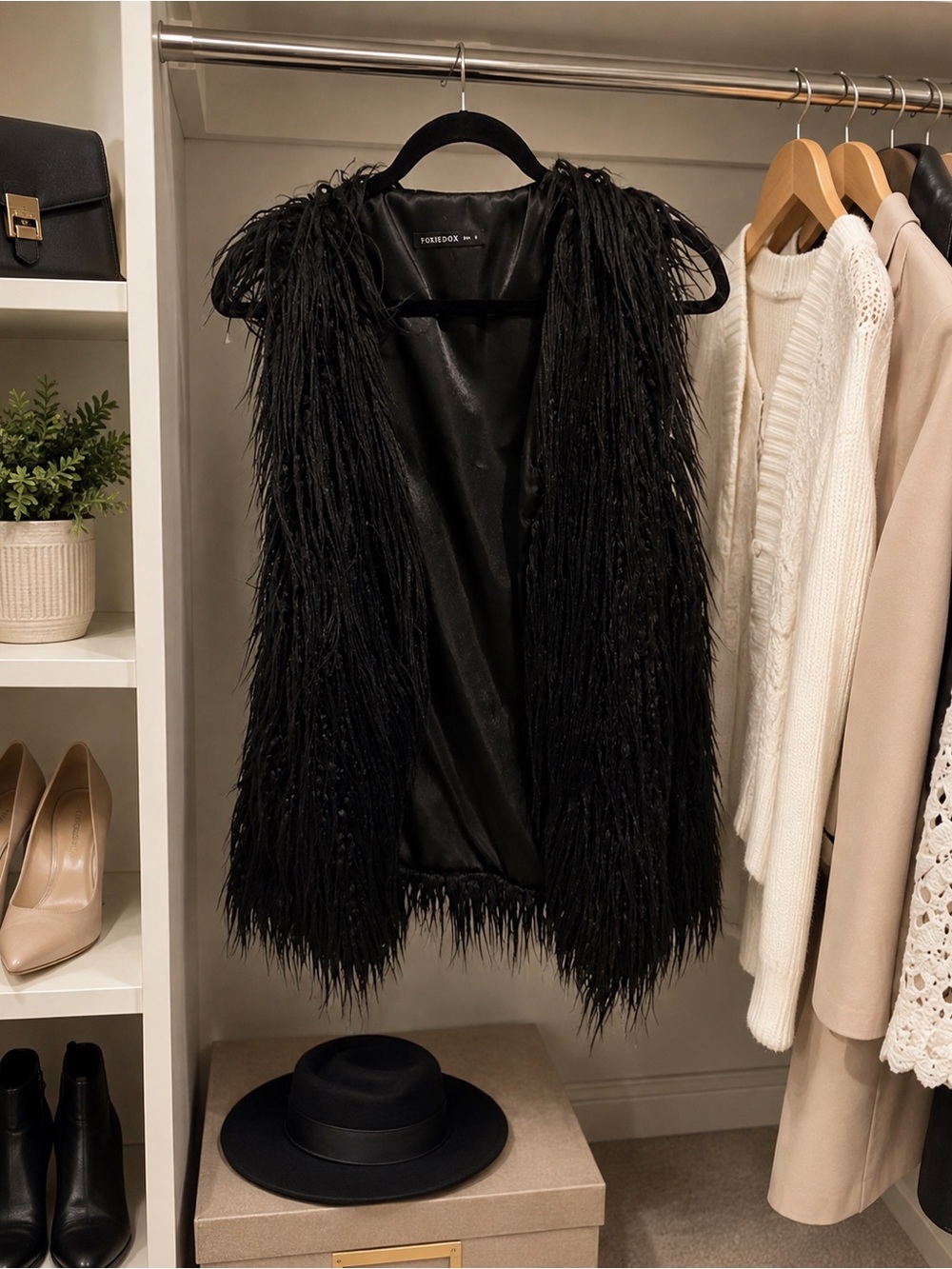 Faux Feather-Trim Black Vest